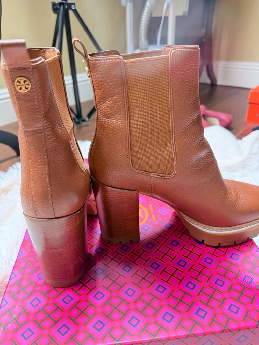 Tory Burch Cognac Leather Platform Chelsea Booties